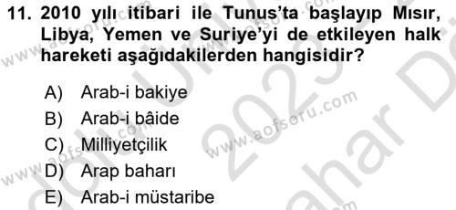 Modern Ortadoğu Tarihi Dersi 2023 - 2024 Yılı (Vize) Ara Sınavı 11. Soru