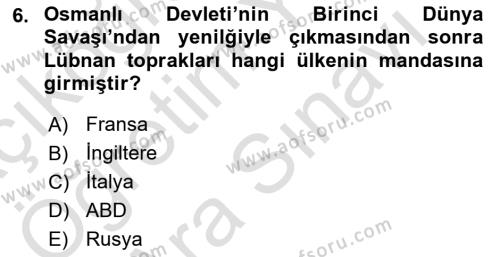 Modern Ortadoğu Tarihi Dersi 2023 - 2024 Yılı (Vize) Ara Sınavı 6. Soru