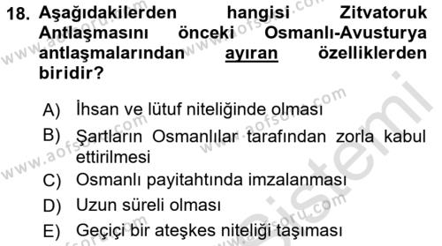 Osmanlı Diplomasisi Dersi 2019 - 2020 Yılı (Vize) Ara Sınavı 18. Soru