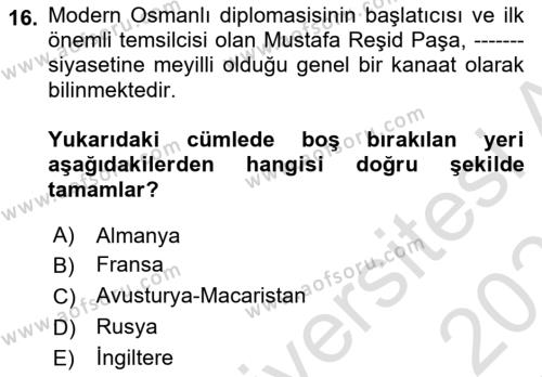 Osmanlı Diplomasisi Dersi 2020 - 2021 Yılı Yaz Okulu Sınavı 16. Soru