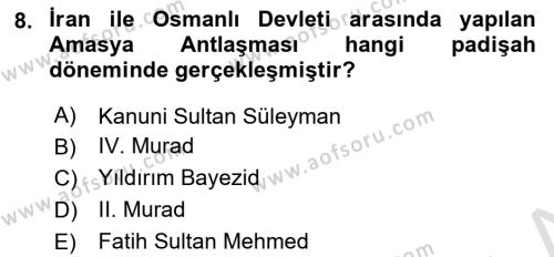 Osmanlı Diplomasisi Dersi 2020 - 2021 Yılı Yaz Okulu Sınavı 8. Soru