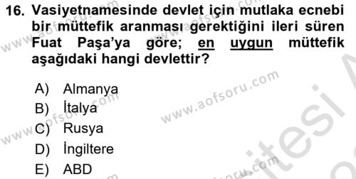 Osmanlı Diplomasisi Dersi 2021 - 2022 Yılı (Final) Dönem Sonu Sınavı 16. Soru