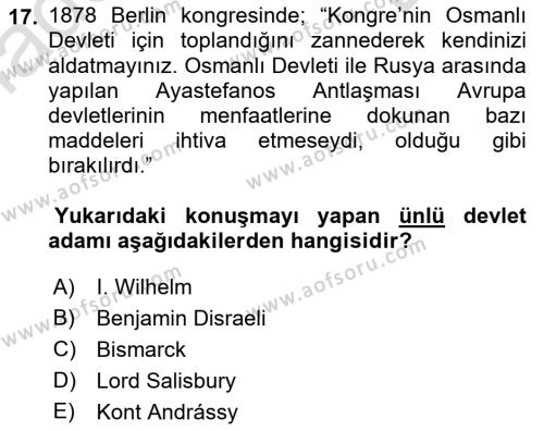 Osmanlı Diplomasisi Dersi 2021 - 2022 Yılı (Final) Dönem Sonu Sınavı 17. Soru