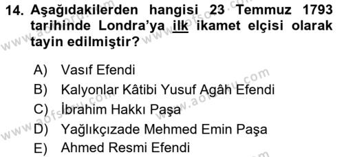 Osmanlı Diplomasisi Dersi 2021 - 2022 Yılı Yaz Okulu Sınavı 14. Soru