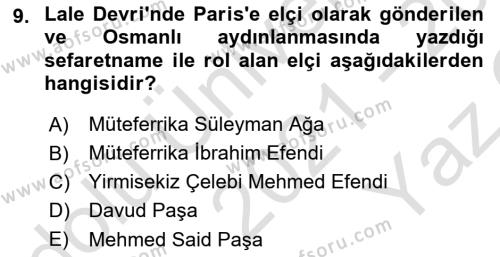Osmanlı Diplomasisi Dersi 2021 - 2022 Yılı Yaz Okulu Sınavı 9. Soru