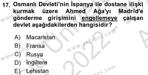 Osmanlı Diplomasisi Dersi 2022 - 2023 Yılı (Vize) Ara Sınavı 17. Soru