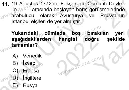 Osmanlı Diplomasisi Dersi 2022 - 2023 Yılı Yaz Okulu Sınavı 11. Soru