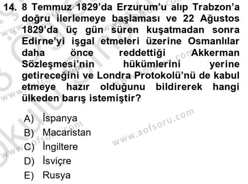 Osmanlı Diplomasisi Dersi 2022 - 2023 Yılı Yaz Okulu Sınavı 14. Soru