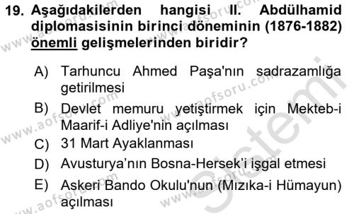 Osmanlı Diplomasisi Dersi 2022 - 2023 Yılı Yaz Okulu Sınavı 19. Soru