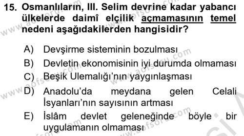 Osmanlı Diplomasisi Dersi 2023 - 2024 Yılı (Vize) Ara Sınavı 15. Soru