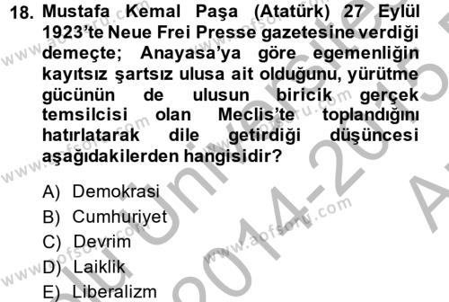 Türkiye´de Demokrasi Ve Parlemento Tarihi Dersi 2014 - 2015 Yılı (Vize) Ara Sınavı 18. Soru