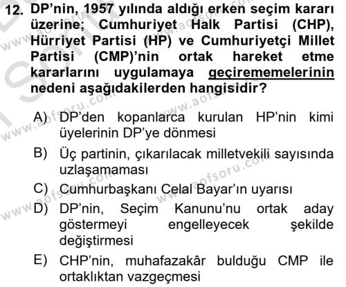 Türkiye´de Demokrasi Ve Parlemento Tarihi Dersi 2016 - 2017 Yılı (Final) Dönem Sonu Sınavı 12. Soru