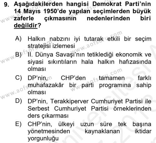 Türkiye´de Demokrasi Ve Parlemento Tarihi Dersi 2017 - 2018 Yılı (Final) Dönem Sonu Sınavı 9. Soru