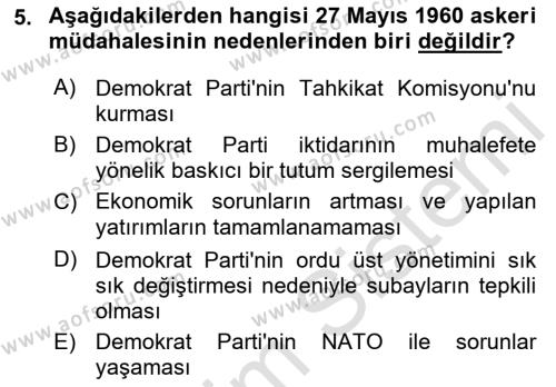 Türkiye´de Demokrasi Ve Parlemento Tarihi Dersi 2021 - 2022 Yılı (Final) Dönem Sonu Sınavı 5. Soru
