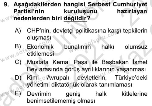 Türkiye´de Demokrasi Ve Parlemento Tarihi Dersi 2021 - 2022 Yılı Yaz Okulu Sınavı 9. Soru