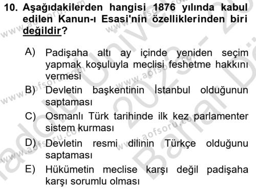 Türkiye´de Demokrasi Ve Parlemento Tarihi Dersi 2023 - 2024 Yılı (Vize) Ara Sınavı 10. Soru