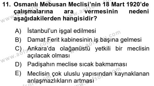 Türkiye´de Demokrasi Ve Parlemento Tarihi Dersi 2023 - 2024 Yılı (Vize) Ara Sınavı 11. Soru