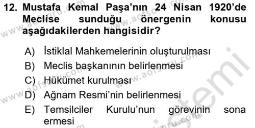 Türkiye´de Demokrasi Ve Parlemento Tarihi Dersi 2023 - 2024 Yılı (Vize) Ara Sınavı 12. Soru