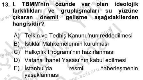 Türkiye´de Demokrasi Ve Parlemento Tarihi Dersi 2023 - 2024 Yılı (Vize) Ara Sınavı 13. Soru