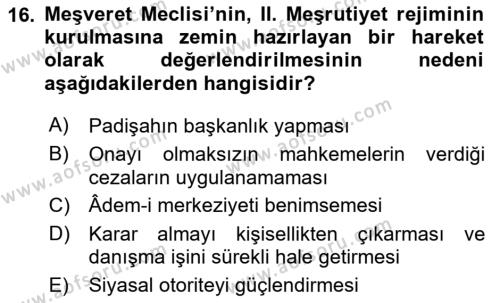 Türkiye´de Demokrasi Ve Parlemento Tarihi Dersi 2023 - 2024 Yılı (Vize) Ara Sınavı 16. Soru