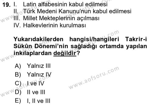 Türkiye´de Demokrasi Ve Parlemento Tarihi Dersi 2023 - 2024 Yılı (Vize) Ara Sınavı 19. Soru