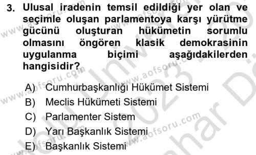 Türkiye´de Demokrasi Ve Parlemento Tarihi Dersi 2023 - 2024 Yılı (Vize) Ara Sınavı 3. Soru