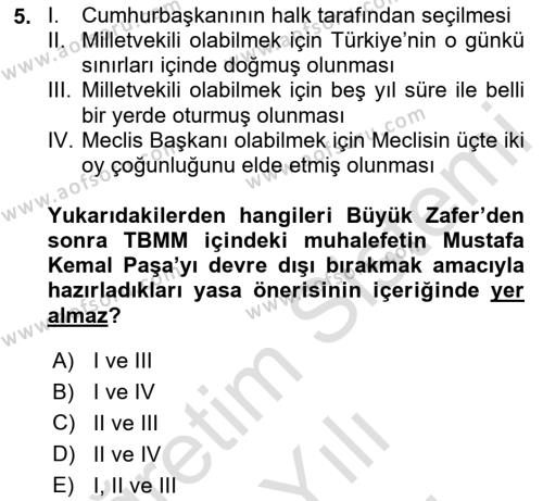 Türkiye´de Demokrasi Ve Parlemento Tarihi Dersi 2023 - 2024 Yılı (Vize) Ara Sınavı 5. Soru