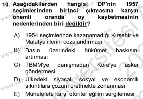 Türkiye´de Demokrasi Ve Parlemento Tarihi Dersi 2023 - 2024 Yılı (Final) Dönem Sonu Sınavı 10. Soru