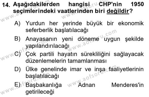 Türkiye´de Demokrasi Ve Parlemento Tarihi Dersi 2023 - 2024 Yılı (Final) Dönem Sonu Sınavı 14. Soru