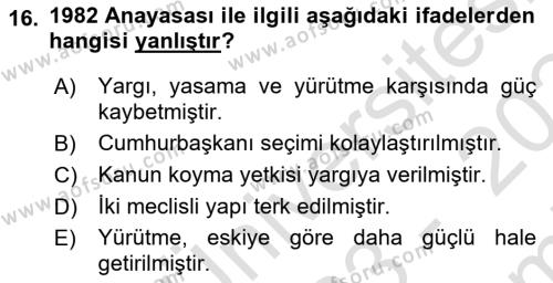 Türkiye´de Demokrasi Ve Parlemento Tarihi Dersi 2023 - 2024 Yılı (Final) Dönem Sonu Sınavı 16. Soru