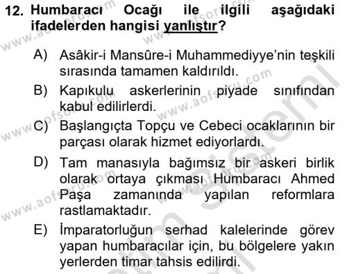 Türk Askeri Teşkilat Tarihi Dersi 2022 - 2023 Yılı (Vize) Ara Sınavı 12. Soru