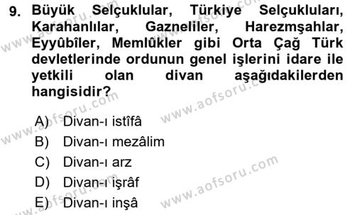 Türk Askeri Teşkilat Tarihi Dersi 2022 - 2023 Yılı (Vize) Ara Sınavı 9. Soru