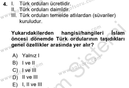 Türk Askeri Teşkilat Tarihi Dersi 2023 - 2024 Yılı (Vize) Ara Sınavı 4. Soru