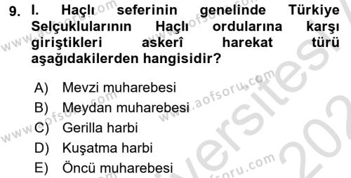 Türk Askeri Teşkilat Tarihi Dersi 2023 - 2024 Yılı (Vize) Ara Sınavı 9. Soru