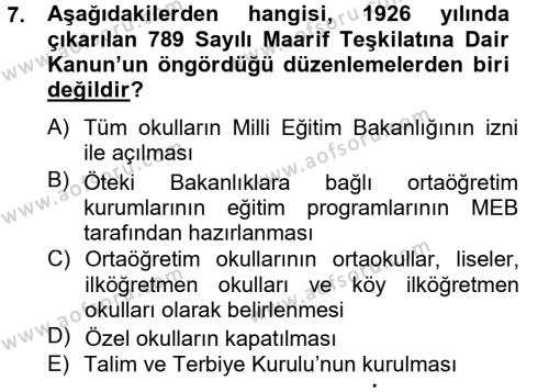 Türk Eğitim Tarihi Dersi 2012 - 2013 Yılı (Final) Dönem Sonu Sınavı 7. Soru