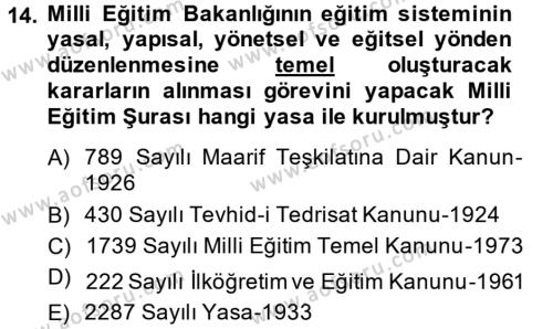 Türk Eğitim Tarihi Dersi 2013 - 2014 Yılı (Vize) Ara Sınavı 14. Soru