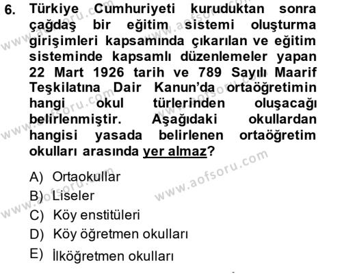 Türk Eğitim Tarihi Dersi 2013 - 2014 Yılı (Final) Dönem Sonu Sınavı 6. Soru