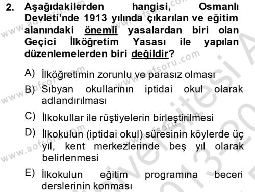 Türk Eğitim Tarihi Dersi 2013 - 2014 Yılı Tek Ders Sınavı 2. Soru