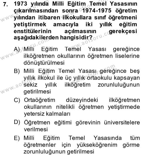 Türk Eğitim Tarihi Dersi 2013 - 2014 Yılı Tek Ders Sınavı 7. Soru