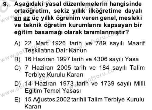 Türk Eğitim Tarihi Dersi 2013 - 2014 Yılı Tek Ders Sınavı 9. Soru