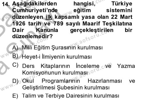 Türk Eğitim Tarihi Dersi 2014 - 2015 Yılı (Vize) Ara Sınavı 14. Soru