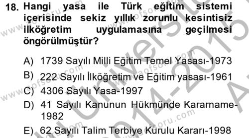 Türk Eğitim Tarihi Dersi 2014 - 2015 Yılı (Vize) Ara Sınavı 18. Soru