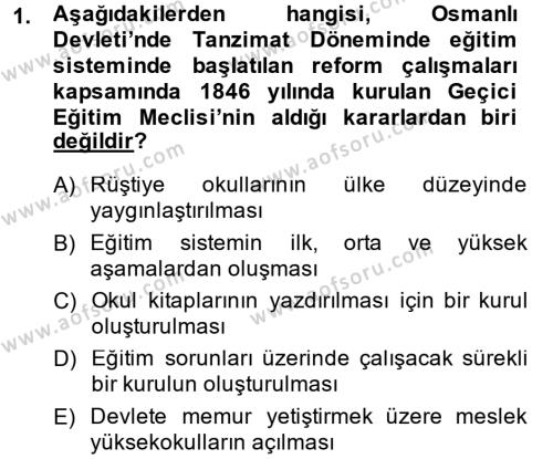 Türk Eğitim Tarihi Dersi 2014 - 2015 Yılı Tek Ders Sınavı 1. Soru