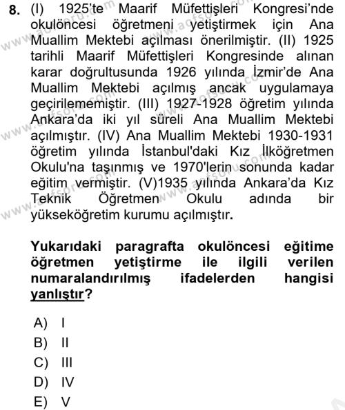 Türk Eğitim Tarihi Dersi 2015 - 2016 Yılı (Vize) Ara Sınavı 8. Soru