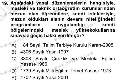 Türk Eğitim Tarihi Dersi 2015 - 2016 Yılı Tek Ders Sınavı 19. Soru