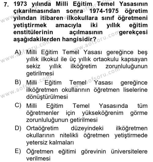 Türk Eğitim Tarihi Dersi 2015 - 2016 Yılı Tek Ders Sınavı 7. Soru