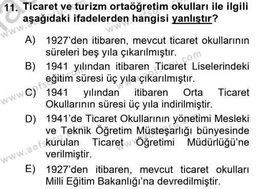 Türk Eğitim Tarihi Dersi 2016 - 2017 Yılı 3 Ders Sınavı 11. Soru