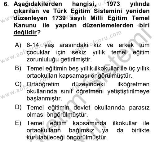 Türk Eğitim Tarihi Dersi 2016 - 2017 Yılı 3 Ders Sınavı 6. Soru