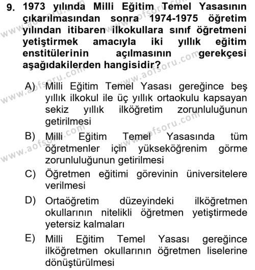 Türk Eğitim Tarihi Dersi 2016 - 2017 Yılı 3 Ders Sınavı 9. Soru