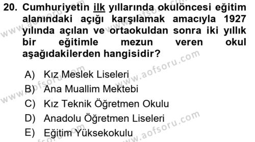 Eğitim Tarihi Dersi 2020 - 2021 Yılı Yaz Okulu Sınavı 20. Soru